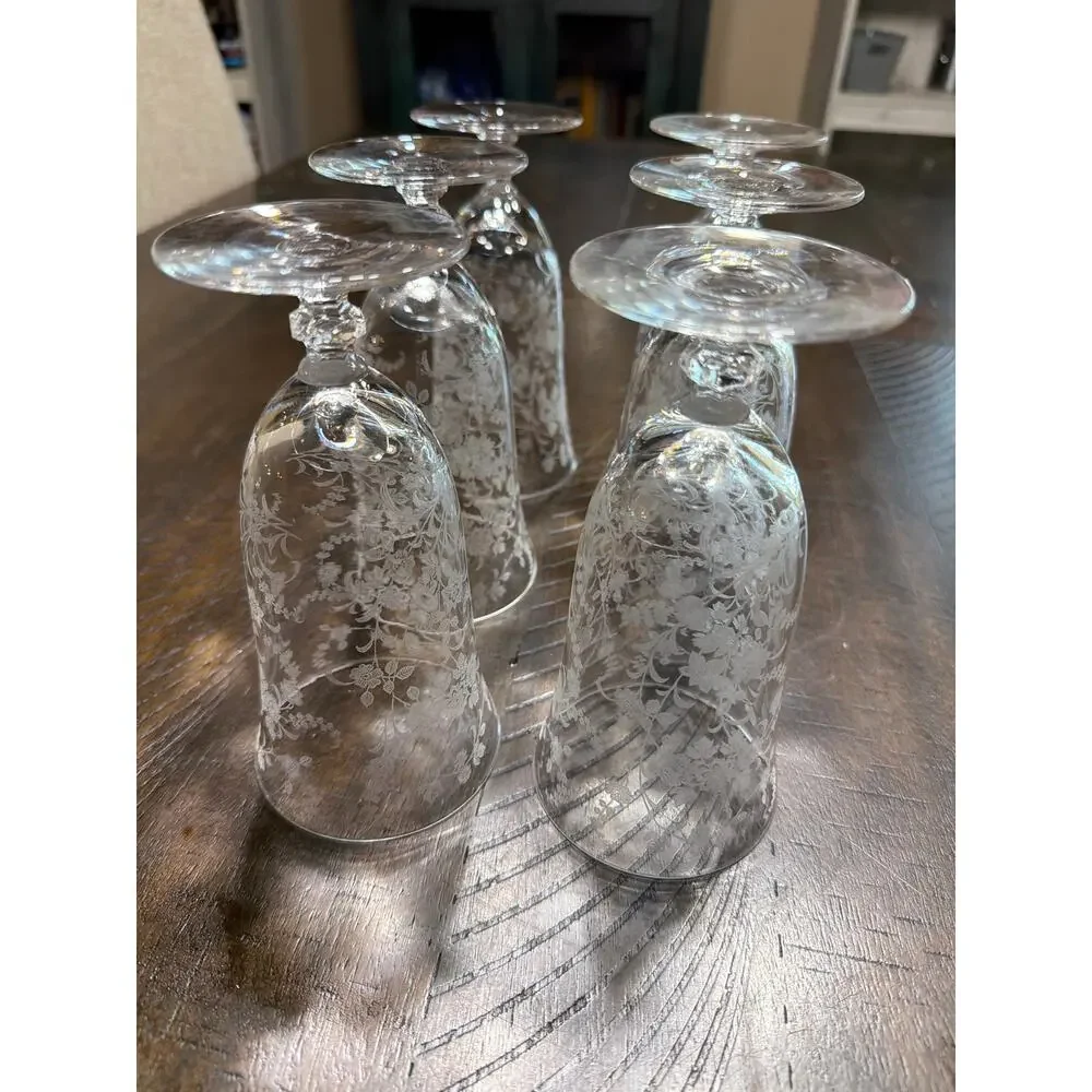 Set of 6 Vintage Etched Floral Wine Glasses Clear Stemware Elegant Barware